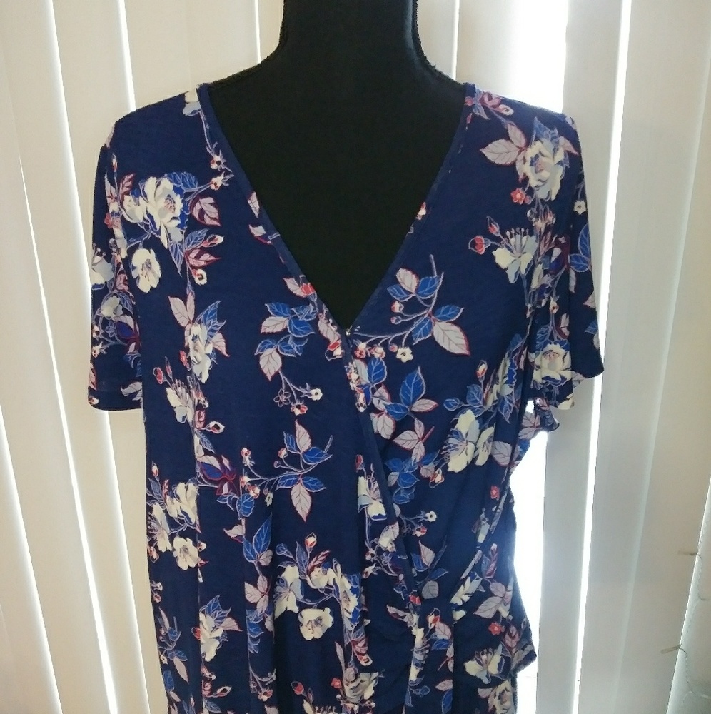 Blue Floral Faux Wrap Top